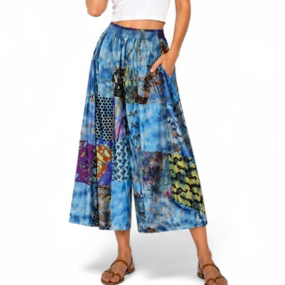 Bohemian Patchwork Wide Leg Pants Blue Multi Tie Dye Geometric Festival Boho
